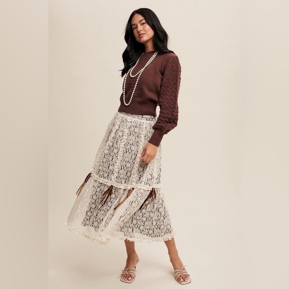 Lace & Velvet Layered Tiered Midi Skirt with Bows - Listicle - Picture 2 of 7